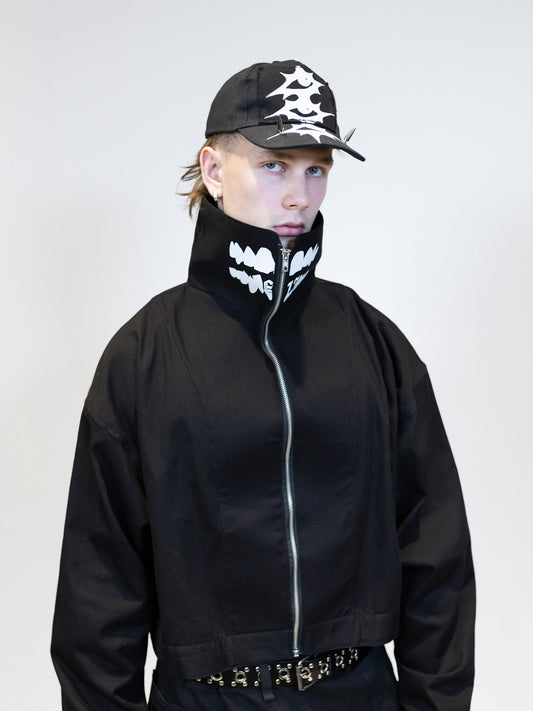 male model wearing eli windshield jacket with print on collar from the front