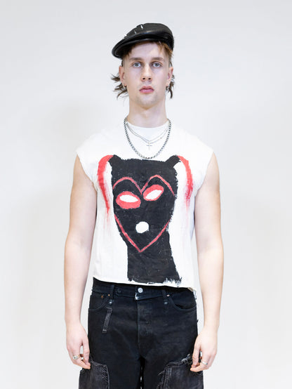 front picture of a male model wearing white elieffekt art tanktop with figure head print on front