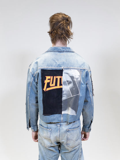 Light blue denim jacket with prints from the back